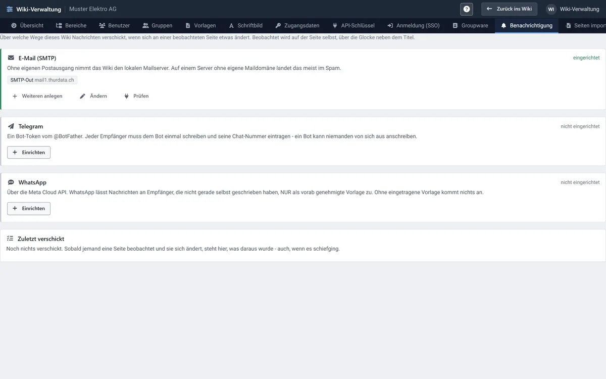 The notification settings: mentions, approvals and watched pages, each by e-mail, Telegram or WhatsApp.