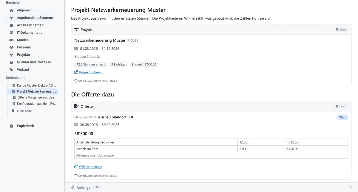 Projekt aus bexio mit Stunden und Offerte