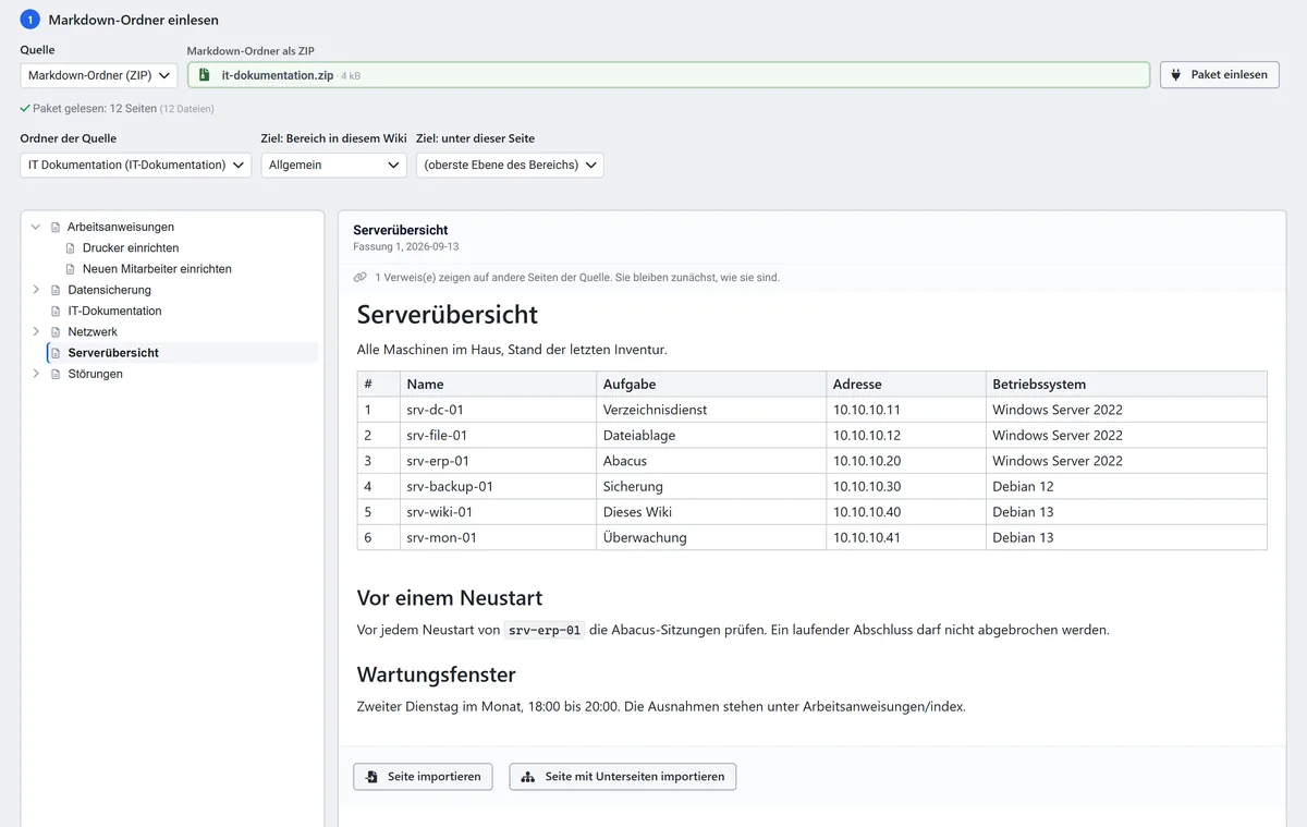 Der Import-Assistent: links der Seitenbaum der Quelle, rechts die fertige Seite mit Tabelle und Abschnitten, darunter die beiden Knöpfe zum Übernehmen.