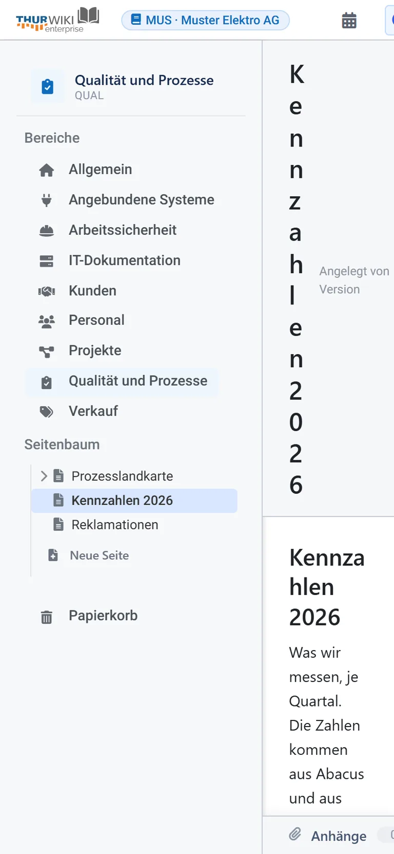 A wiki page on a mobile phone: title, notice box, table and checklist, readable without zooming, with the menu behind a button.