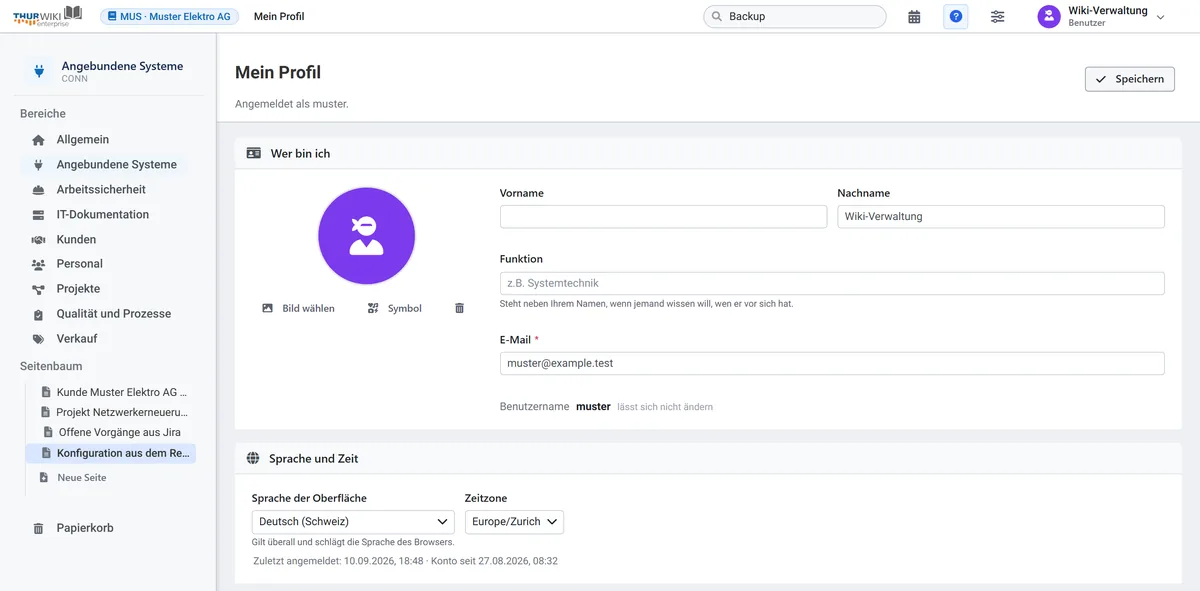 The profile page with first name, surname, role, e-mail, interface language and time zone.