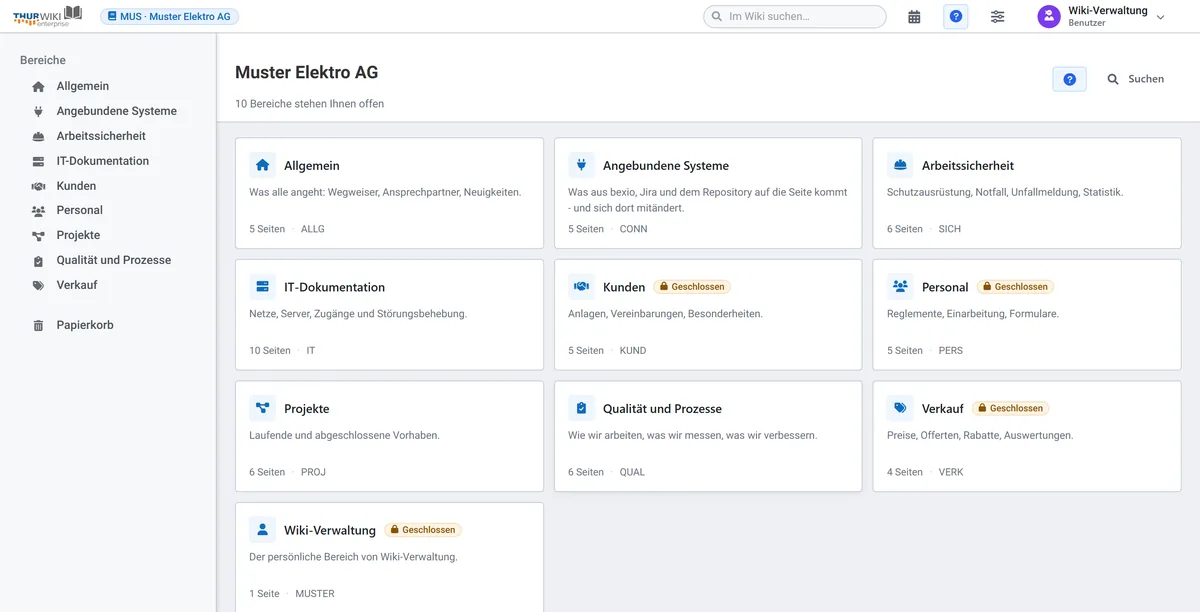 The start page of the demo wiki: on the left the spaces Operations, IT, Projects, Personnel and Quality with their icons, on the right a welcome page with a notice box and the list of recently changed pages.